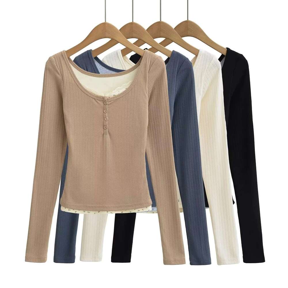 Fake Two-Piece Long Sleeve T-Shirt For Women Autumn Hot Girl Pure Desire Slim Lace Design Base Shirt Inner Wear Top B5