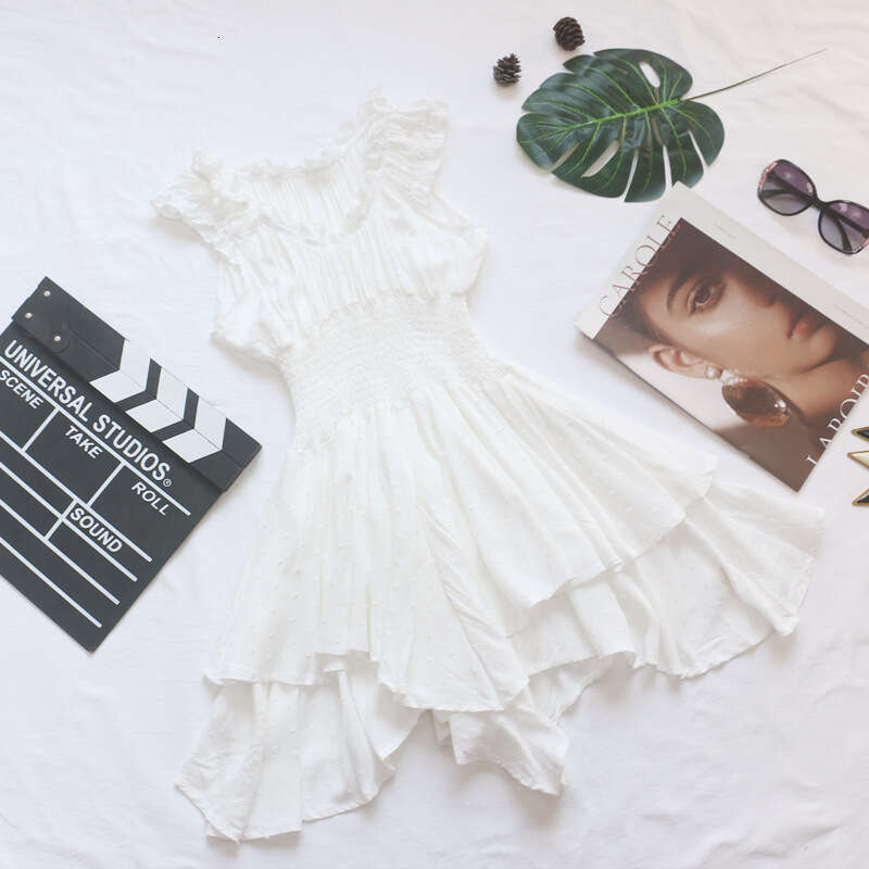 Zhao Lusi Same Style Women's New Ruched Short Sleeve Waist Slimming Cake Hem Dress B5