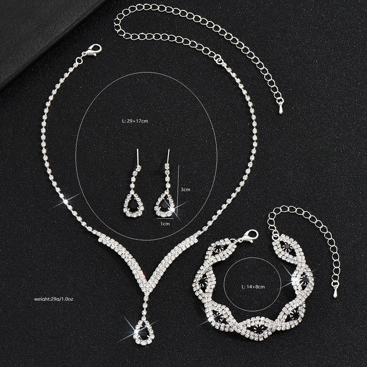 3 Pcs Rhinestone Bride Jewelry Set for Women Black Water Drop Crystal Earrings Wedding V Necklace Eye Bracelet Fashion- 250715