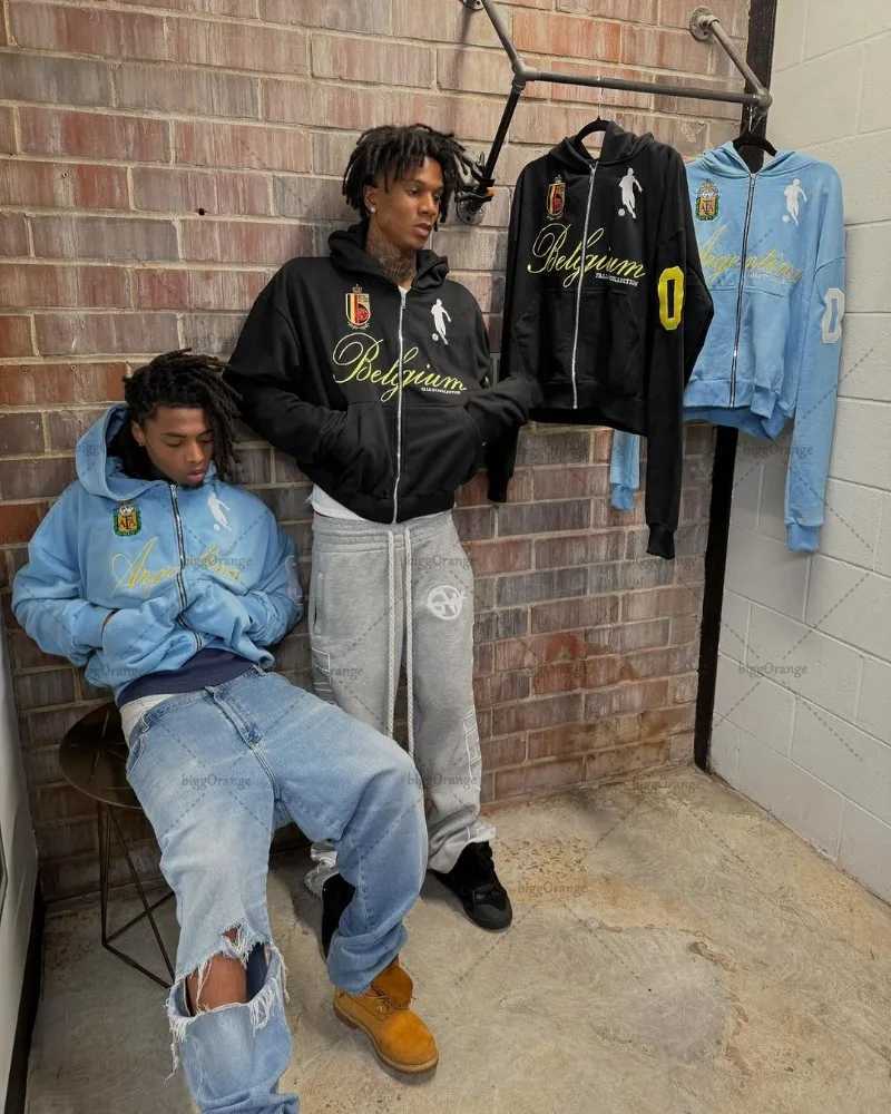 High Street Trendy Brand Clothing Jacket American Retro Digital Print Oversized Sweatshirt Men Hip Hop Punk Casual Zipper Hoodie X2507181