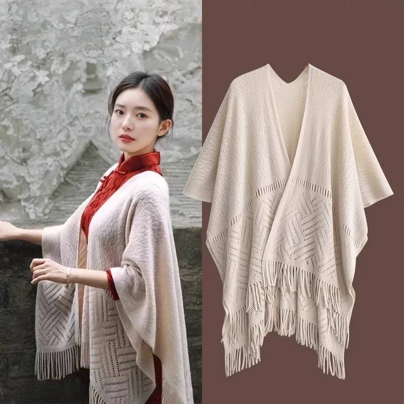 New Fashion Tassel Cape Cardigan Air-conditioned Room Office Hollow Knitted Shawl Women White Cheongsam Outerwear