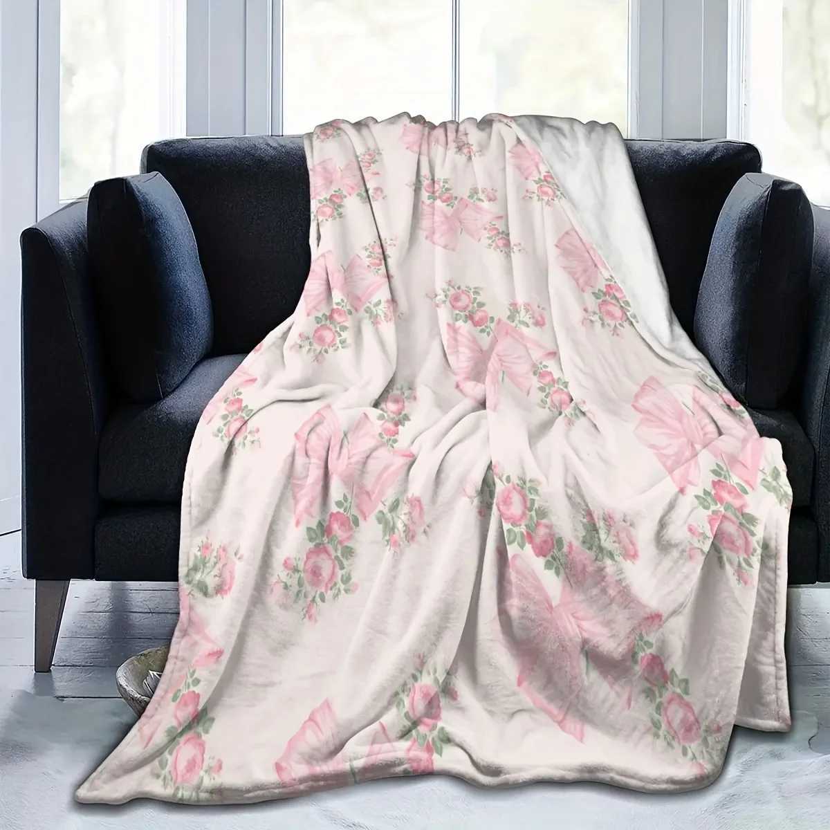 Soft Cozy Pink Bow Floral Flannel Throw Blanket Versatile for Office Camping Travel All-Season Warmth Machine Washable W250719
