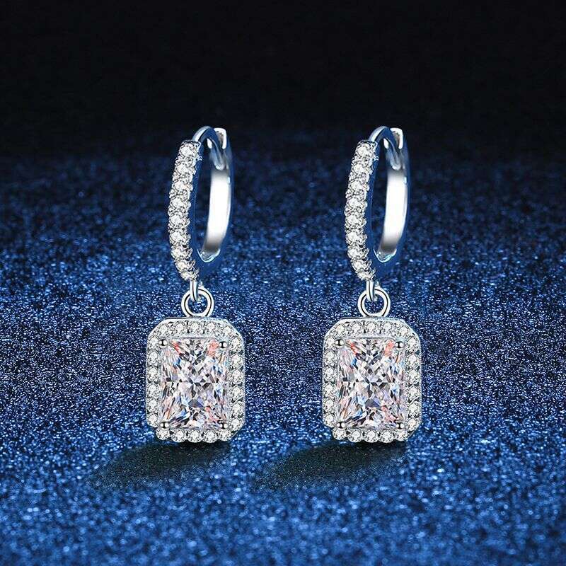 One Carat for Women, Sterling Sier Plated Earrings, Emerald Cut Moissanite Earrings 306