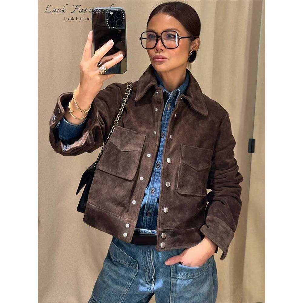 hoodie Vintage Suede Jacket Women Belt Loose Lapel Zippers Pockets Outerwears Lantern Sleeve Brown Coats Lady Spring Autumn Streetwear jacket