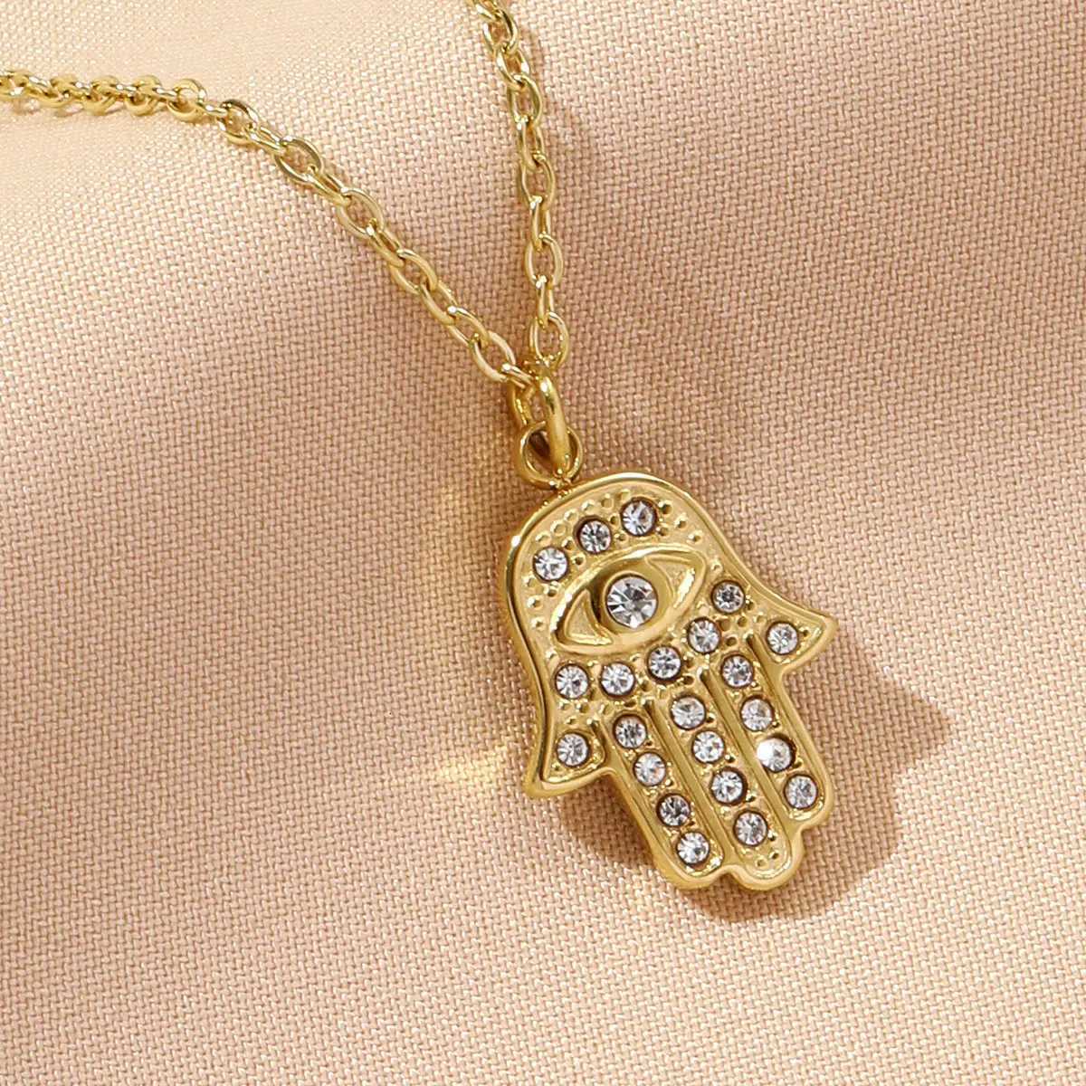 Waterproof Stainless Steel Devil Eye Hamsa Hand Charm Necklace 14K Gold Color Dainty Pendant Choker Jewelry For Women Daily Wear W250718