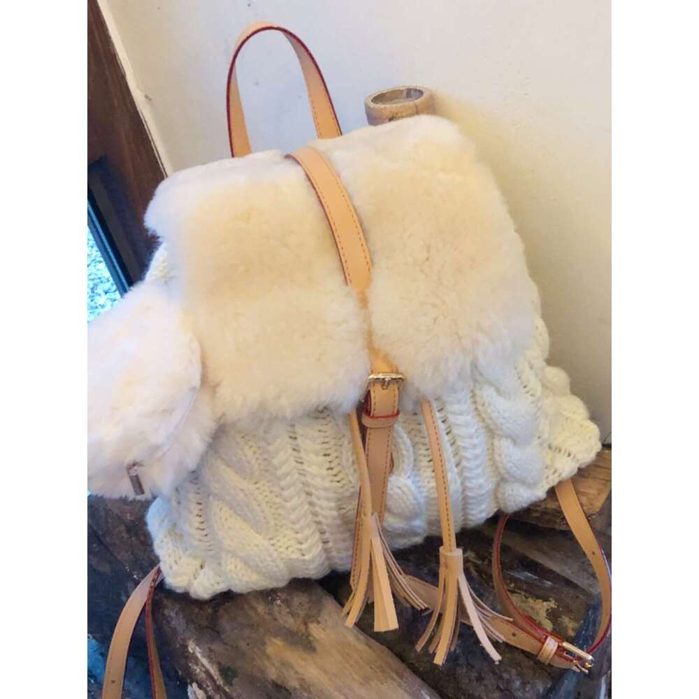 Wool For Women Autumn Winter New Tassel Drawstring Small Backpack Knitted Yarn Fluffy School Bag
