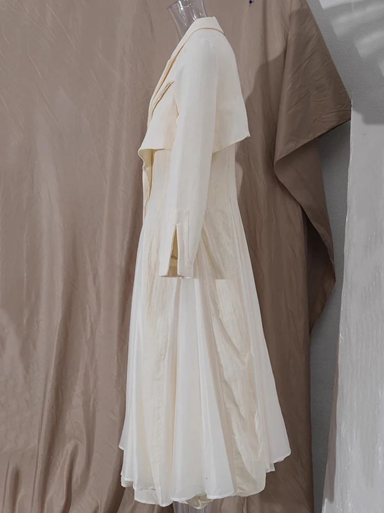 PlusizeShe Spring Long Fitted Mesh Patchwork Linen Trench Coat for Women Single Breasted Chic Elegant er Clothes 250715