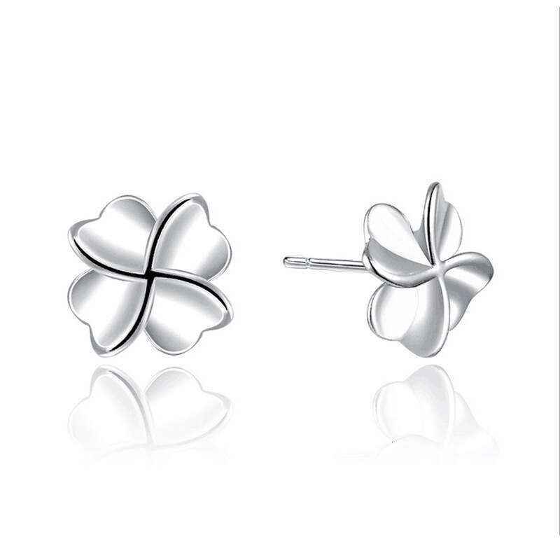 Four-leaf Clover Sier-plated Earrings Korean Fashion Smooth Simple Plain Sier Lucky Leaf Jewelry