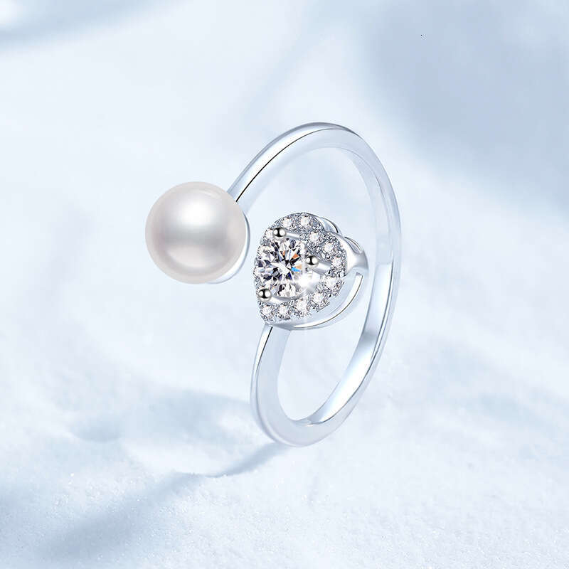 S Sterling Sier Moissanite for Women, Heart-Shaped Natural Freshwater Pearl Adjustable Ring 027