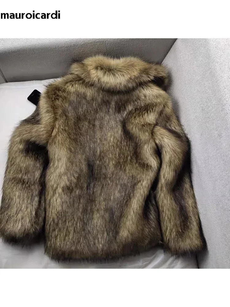 Mauroicardi Winter Short Thick Warm Hairy Shaggy Faux Raccoon Fur Coat Men Long Sleeve High Quality Fluffy Jacket 250715