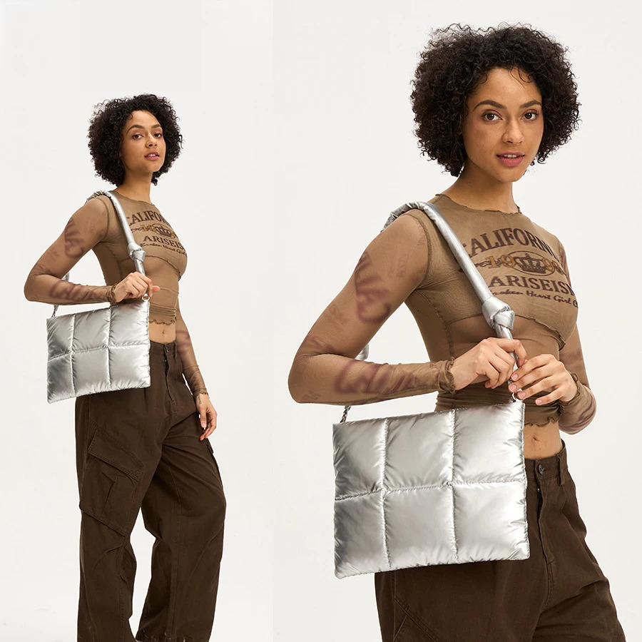 Fashion Quilted Padded Women Shoulder Bags Silver Clutch Purse Casual Nylon Down Cotton 11 Inch Ipad Inner Bag 14Inch Laptop Bag 250717