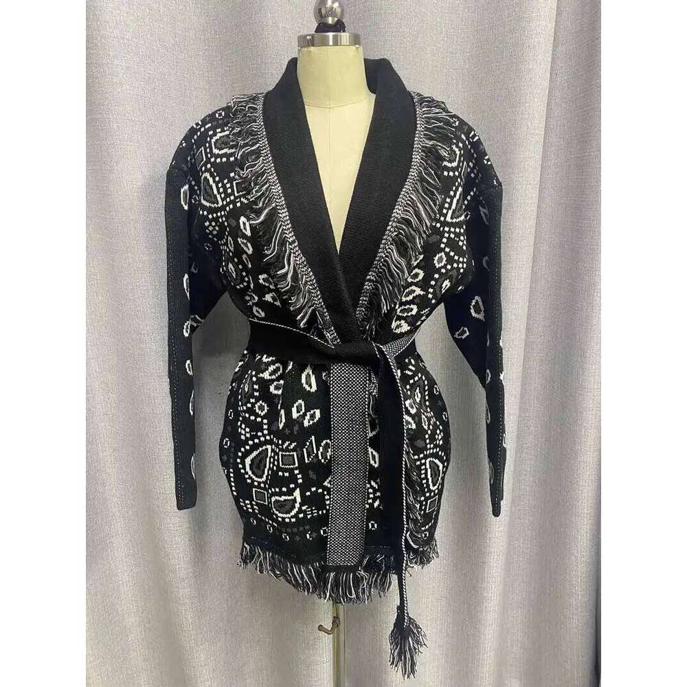 Designer Clothing Boho Inspired Women's Elegant Belt Cashmere Women High Quality Wool Tassels Jacquard Grey Knit Cardigan Long Oversized Fashion