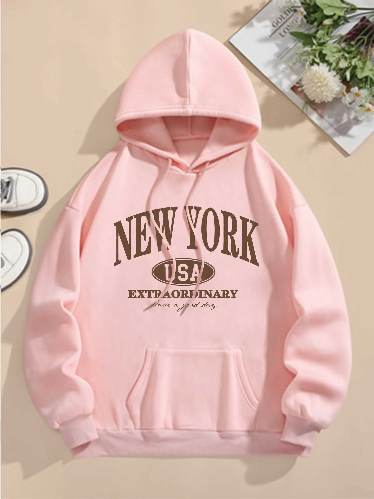 Letter Print Hoodie Drawstring Long Sleeve Casual Hooded Sweatshirt For Winter Fall Womens Clothing Z250719