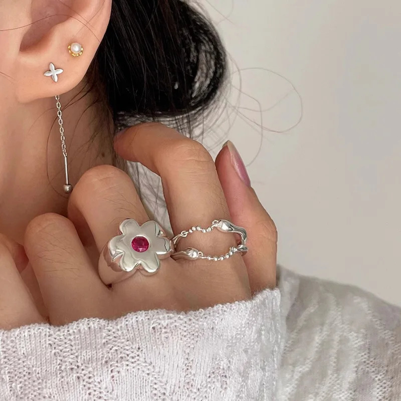 Minimalist Silver Color Flower Open Rings for Women Couples Fashion Metal Double Layer Chain Tassel Geometric Ring Jewelry 250716