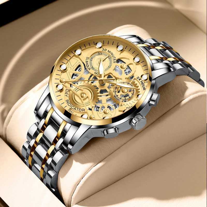 Mens Business Watch Skeleton Design Fashion Mechanical Style Stainless Steel Quartz Movement Calendar Waterproof Mens Wristwatch W250718