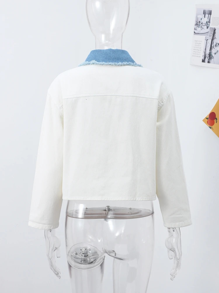 Chic Womens White Denim Patchwork Shirt With Pockets ShortLength Spring Comfortable Fit Casual Streetwear For Woman 250709