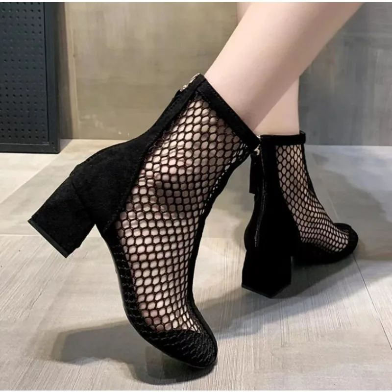 2024 Summer Boot Zapatos Chaussures Femme Zipper Square High Heel Leopard Woman Shoes Women Mesh Suede Ankle Boots Size 43 250714