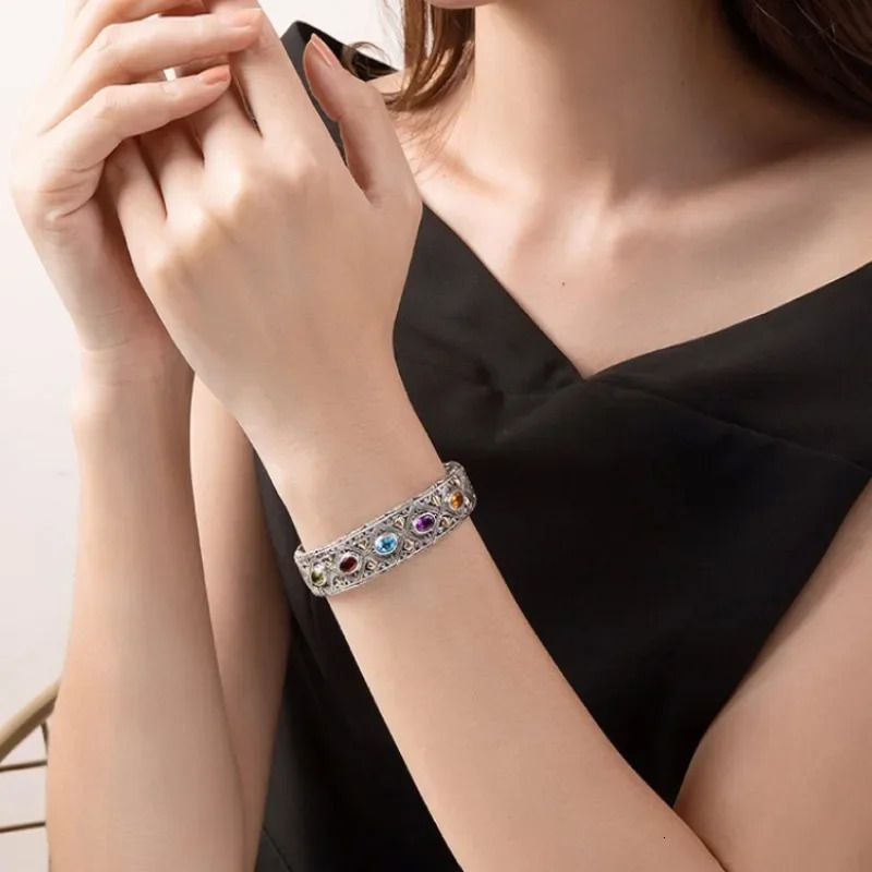 925 Silver Inlaid Colored Gemstone Bracelet Fashionable Wedding Fine Couple Bangles Jewelry Gift for Girlfriend 250715