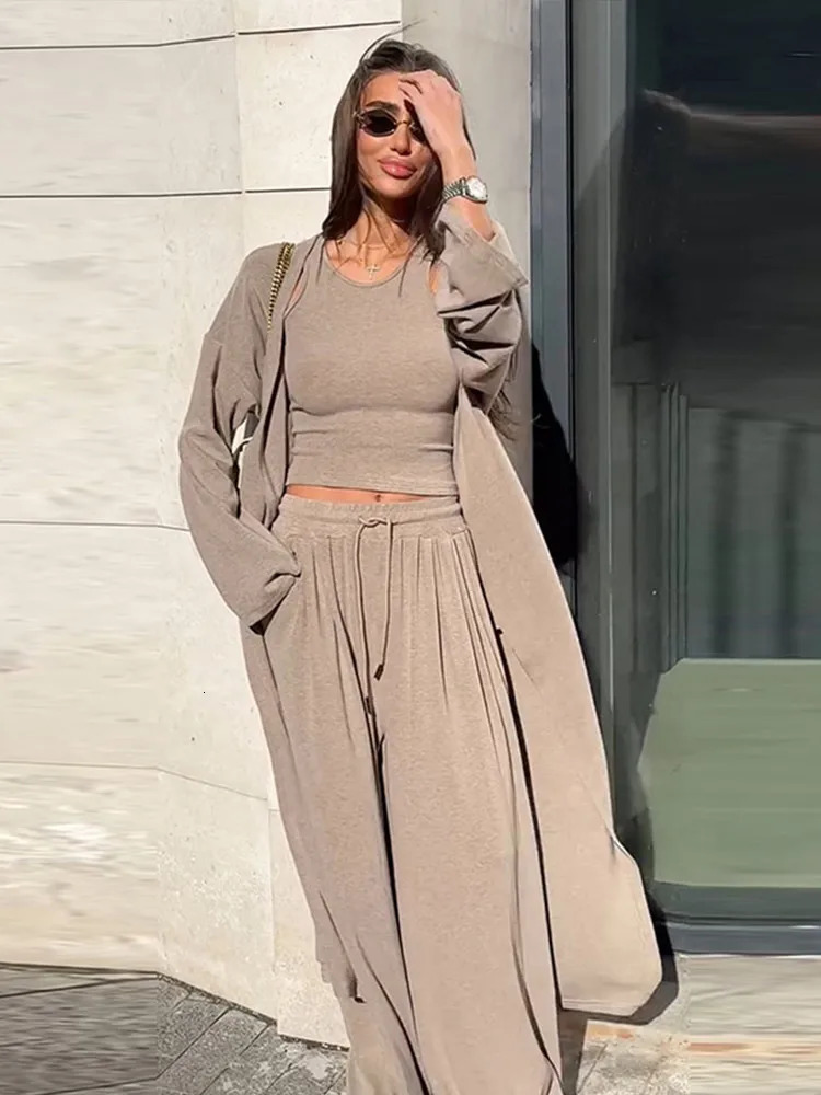 Womens 3 Piece Set Casual Top Oversize Full Sleeve Long Cardigan Wide Leg Trousers Suit Lady Summer Female Beach Outfits 250714