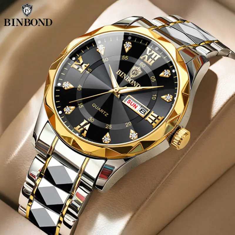 BINBOND Men Watch Stainless Steel Top Quality Luxury Push Button Hidden Clasp Waterproof Luminous Date Week Sport Wrist Watches W250718