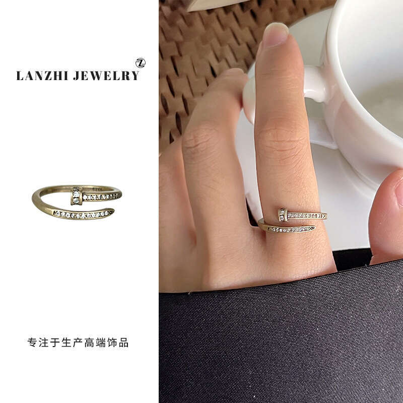 Lanzhi High-End Sense Nail Personality Light Luxury Micro-Inlaid Jewelry Women Ancient Bronze Korean Ins Open Silver Ring