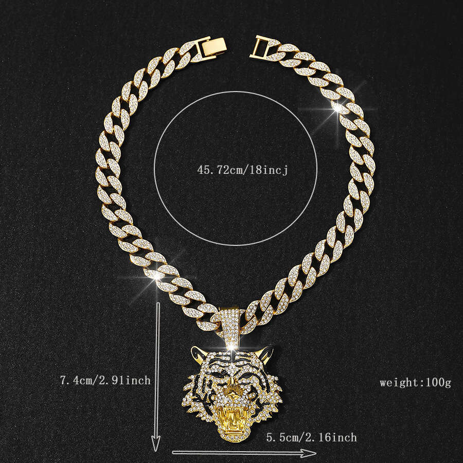 New Alloy 3D Full Dia Pendant Cuban Necklace Men's Hip-Hop Cool Niche Tiger Jewelry