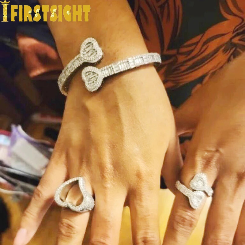 Iced Out Bling Square Heart CZ Adjustable Size Ring Gold Silver Color Micro Pave Rings Hip Hop for Men and Women Jewelry 250717