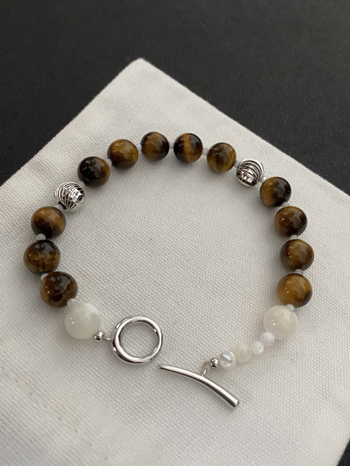 Natural Tiger Eye Bead Bracelet With White Gemstone And Silver - Tone Metal Accents Unique Handmade Jewelry For Daily Wear And Stylish Accessory