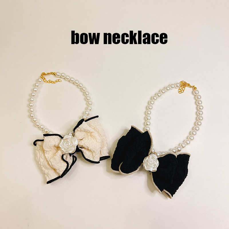 Designer Harness French Bow Pet Collar, High-end Cat Pearl Necklace Accessory, Little Dog Neck Collar and Necklace