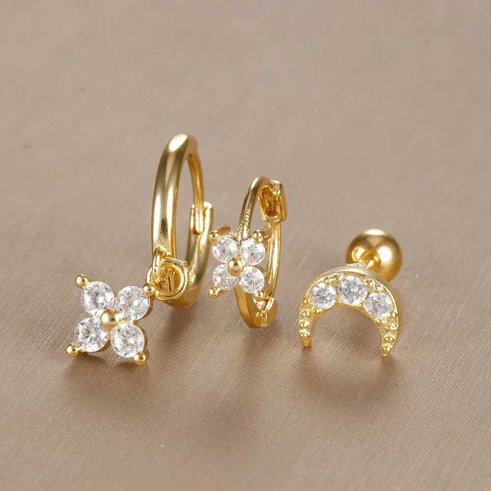 3PC Stainless Steel Zircon Flower Pendant Hoop Earrings Set for Women Tiny Huggies Cartilage Earring Set Piercing Jewelry Gifts XJ250718