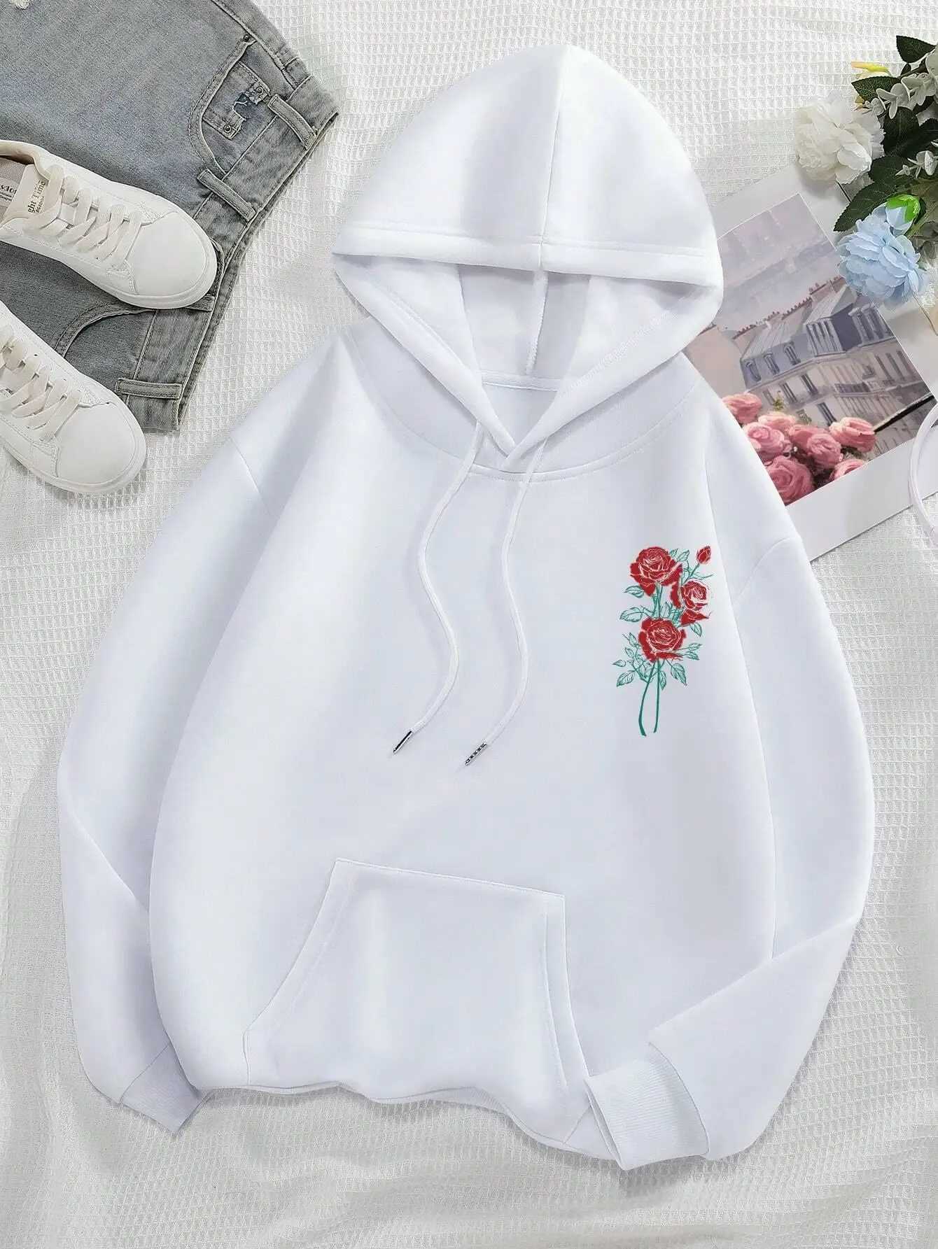 Fashion Women Hoodies Vintage Letters Flowers Printed Sweatshirts Spring Crewneck Pullover Loose Fleece Female Tops Clothes Z250719