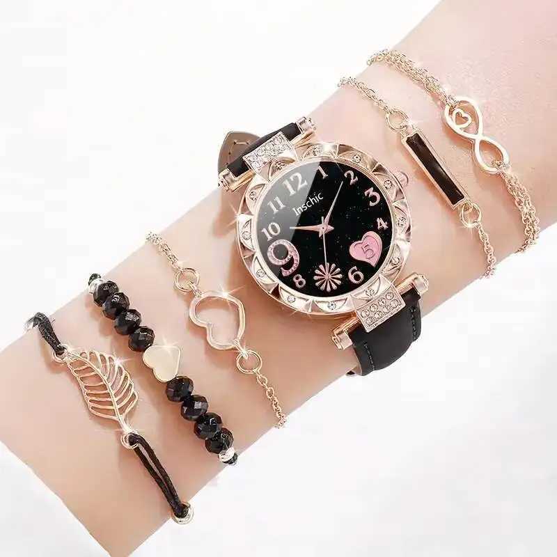 6PCS/Set Fashion Rhinestone Womens Watches Ladies Leather Band Heart Dial Quartz Watch Leaf Bracelets Set (Without Box) W250718