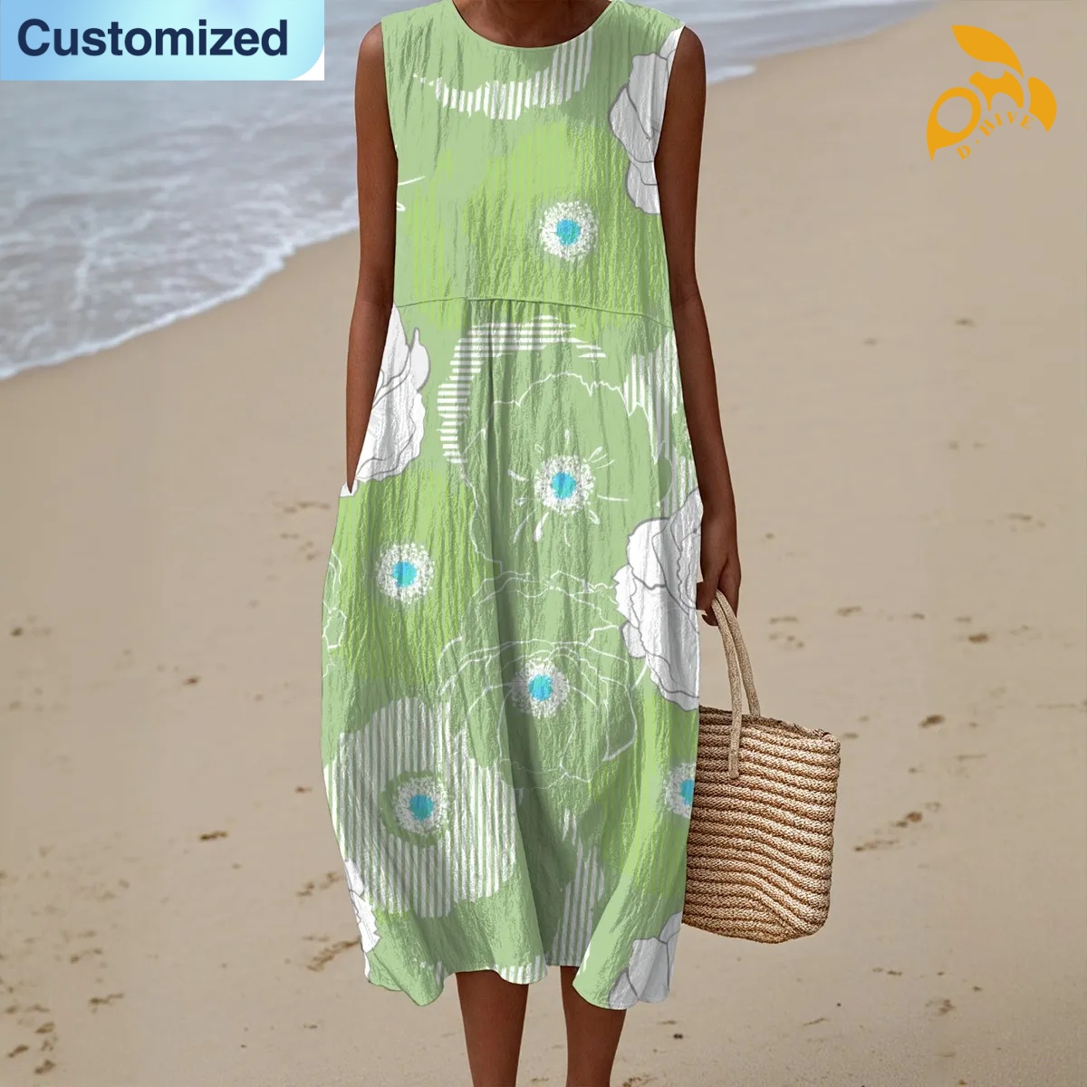 free shipping designer of customized soft comfortable full-body printed sleeveless women's dress with exquisite patterns from US