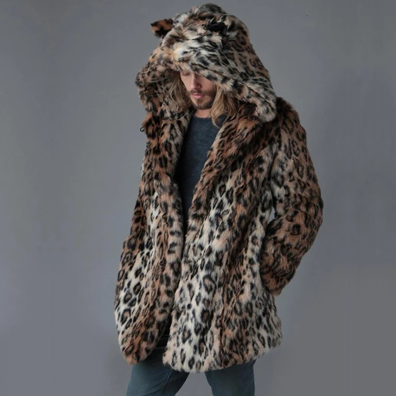 Plus Size Faux Fur Jacket For Men Winter Male Leopard Fur Jacket Long Style Hooded Fur Overcoat Warm Men Fur Outerwear leisure 250715
