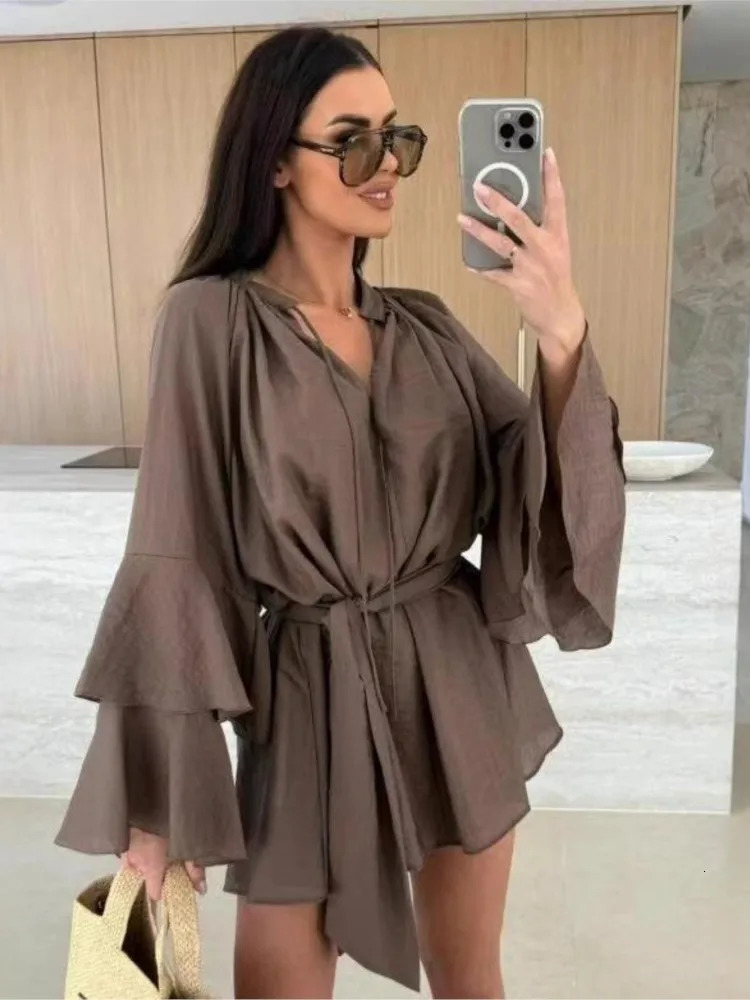 Sweet Flared Sleeves Dresses For Women 2025 Sexy Deep V-neck Fashion Mini Dress Spring Summer Lace Up Solid Dress Robe Femme 250715