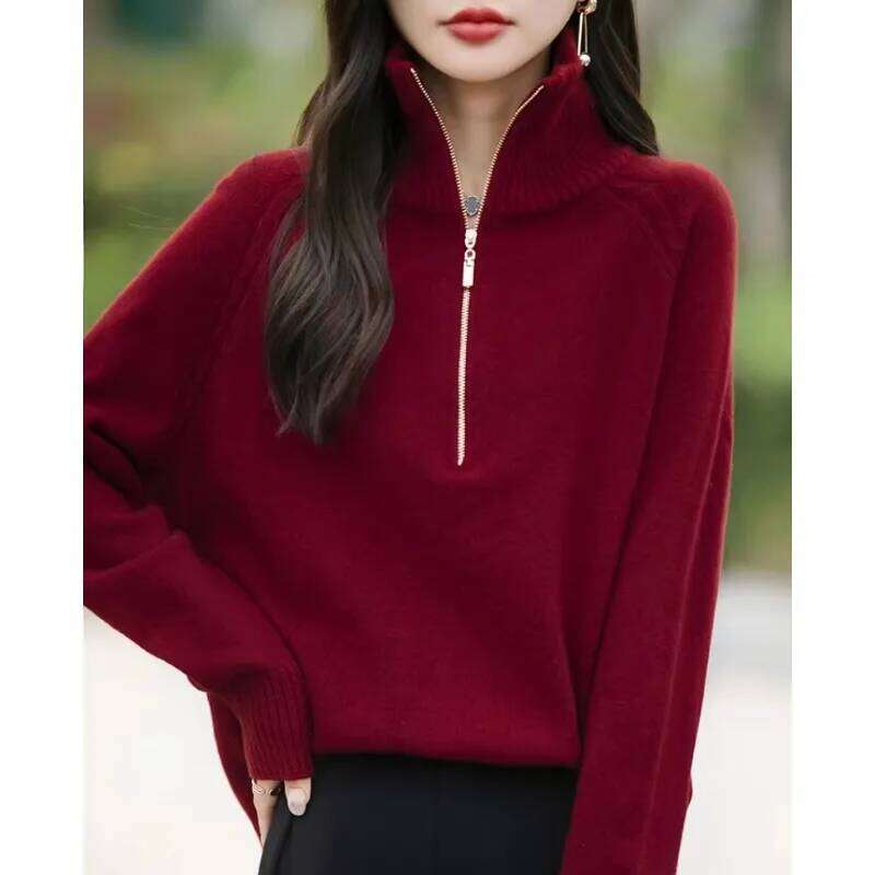Quality Turtleneck Sweater Women Knitwear Loose Casual Zipper Half Open Collar Pullovers Autumn/Winter Supple Knit Top Keep Warm MDNG