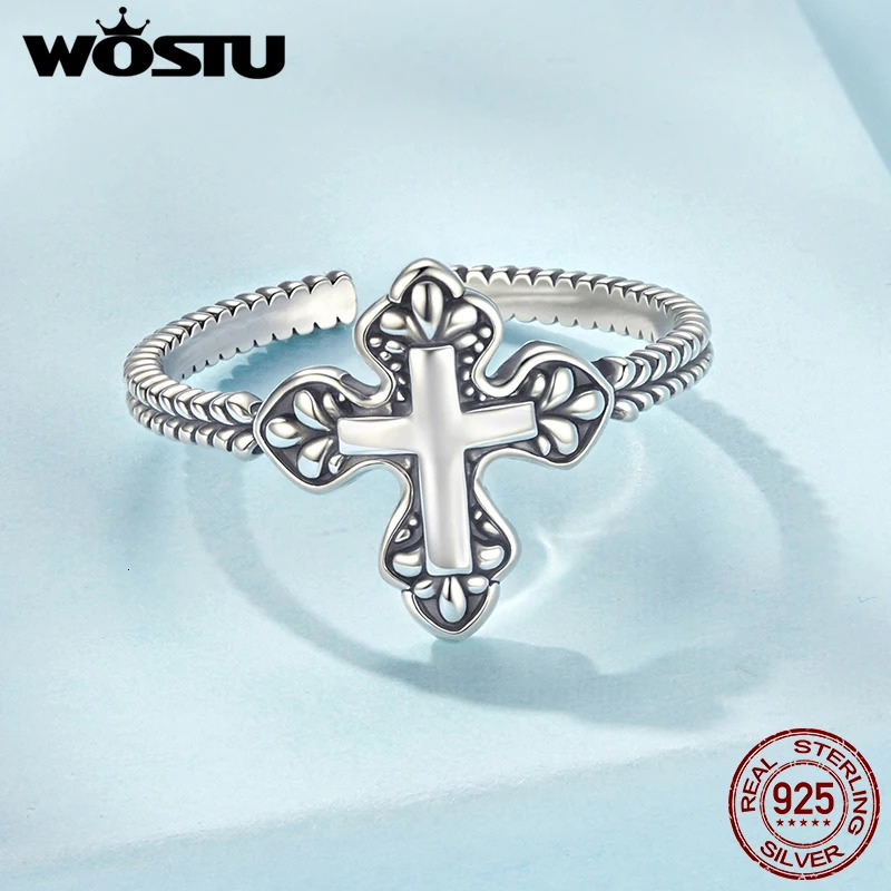 925 Sterling Silver Goth Vintage Cross Open Ring For Women Stylish Retro Adjustable Prayer Rings Hip Hop Jewelry Gift 250717