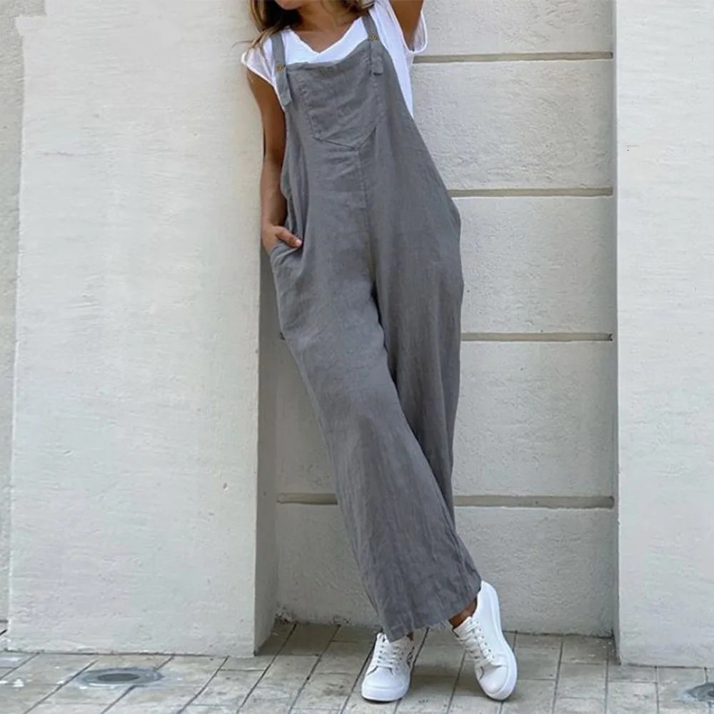 Women Wide Leg Pants Summer Adjustable Strap Pocket Loose Cotton Linen Overalls JYFSJY1850 250714