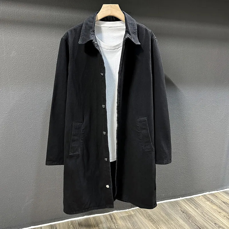 Spring Autumn Fashion Denim Trench Men Casual Windbreaker Coat Solid Color Long Mens Turn Down Collar Jackets Outerwear Man 250716