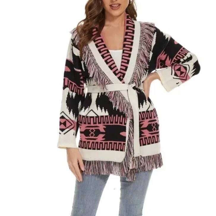 Designer Clothing Niche Color Block Jacquard Fringed Lapel Thickened Medium-Length Sweater Jacket Autumn/Winter New Arrival From Speed Sell Throug Fas