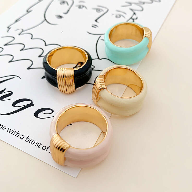Gold-Plated Copper Vertical Stripe Handmade Enamel Dopamine Color Ring