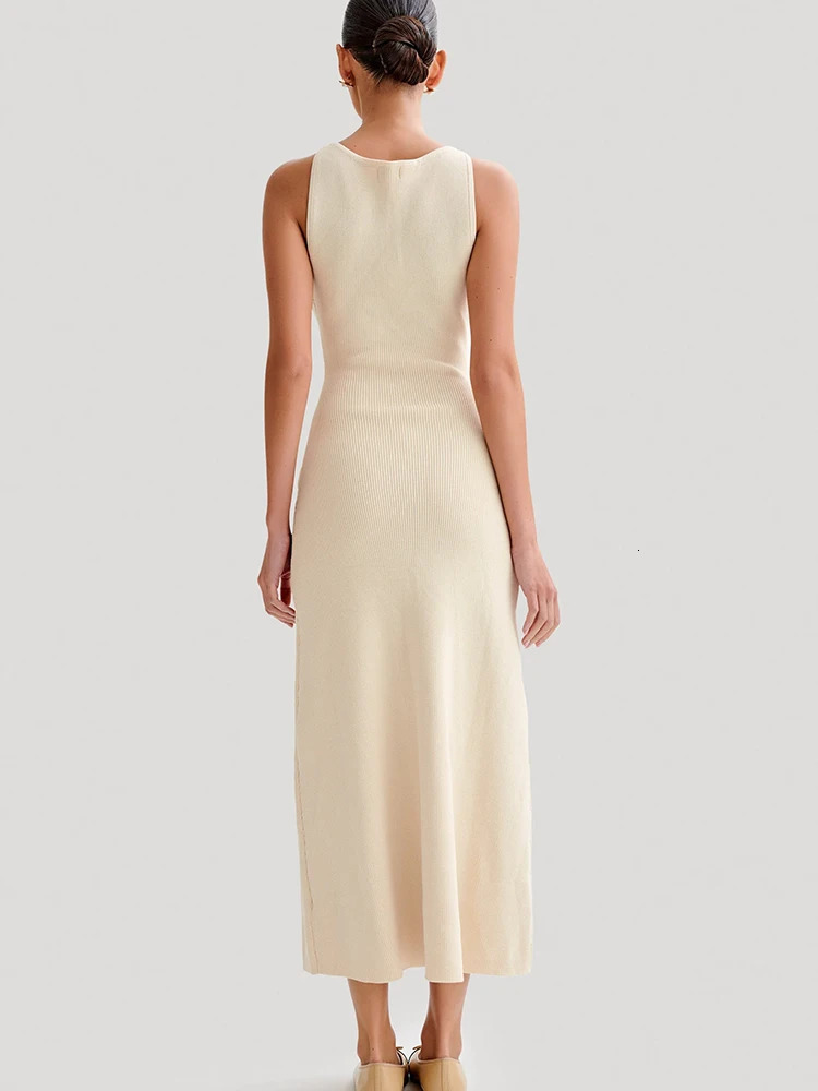 JULISSA MO Knitted Sexy High Slit Button Women Maxi Dress Apricot Sleeveless Round Neck Dress Winter Skinny Elegant Party Dress 250715