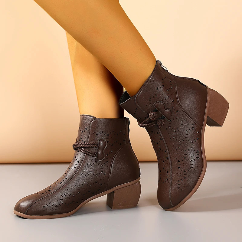 2025 Summer Womens Fashion Hollow-Out Soft Sole Mid-Heel Ankle Boots Retro Breathable Comfortable Shoes 250714