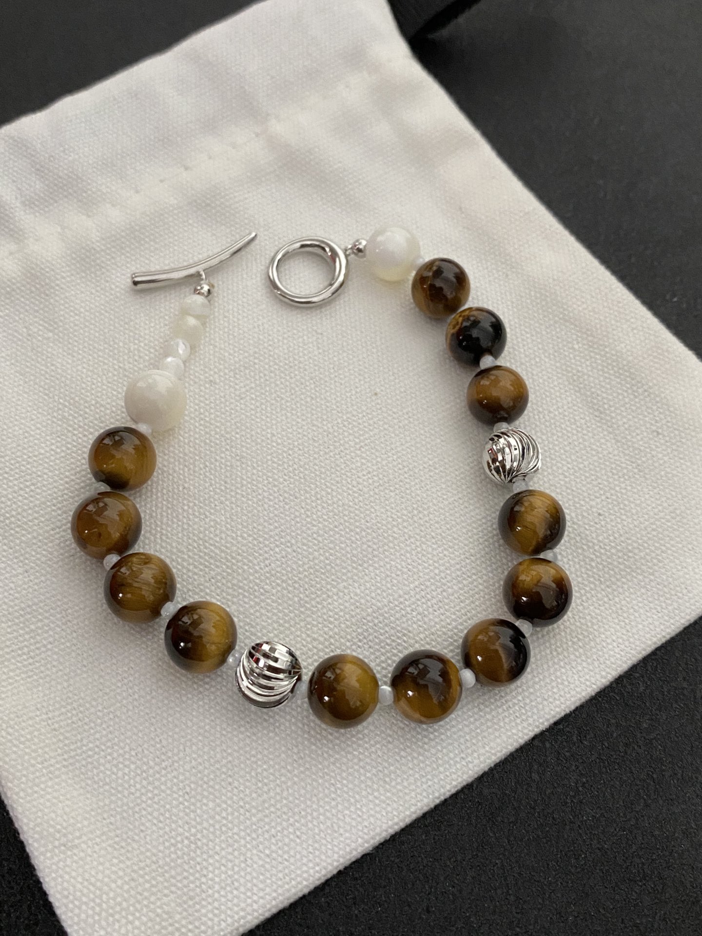 Natural Tiger Eye Bead Bracelet With White Gemstone And Silver - Tone Metal Accents Unique Handmade Jewelry For Daily Wear And Stylish Accessory