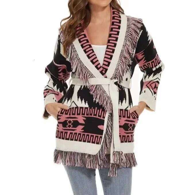 Designer Clothing Niche Color Block Jacquard Fringed Lapel Thickened Medium-Length Sweater Jacket Autumn/Winter New Arrival From Speed Sell Throug Fas