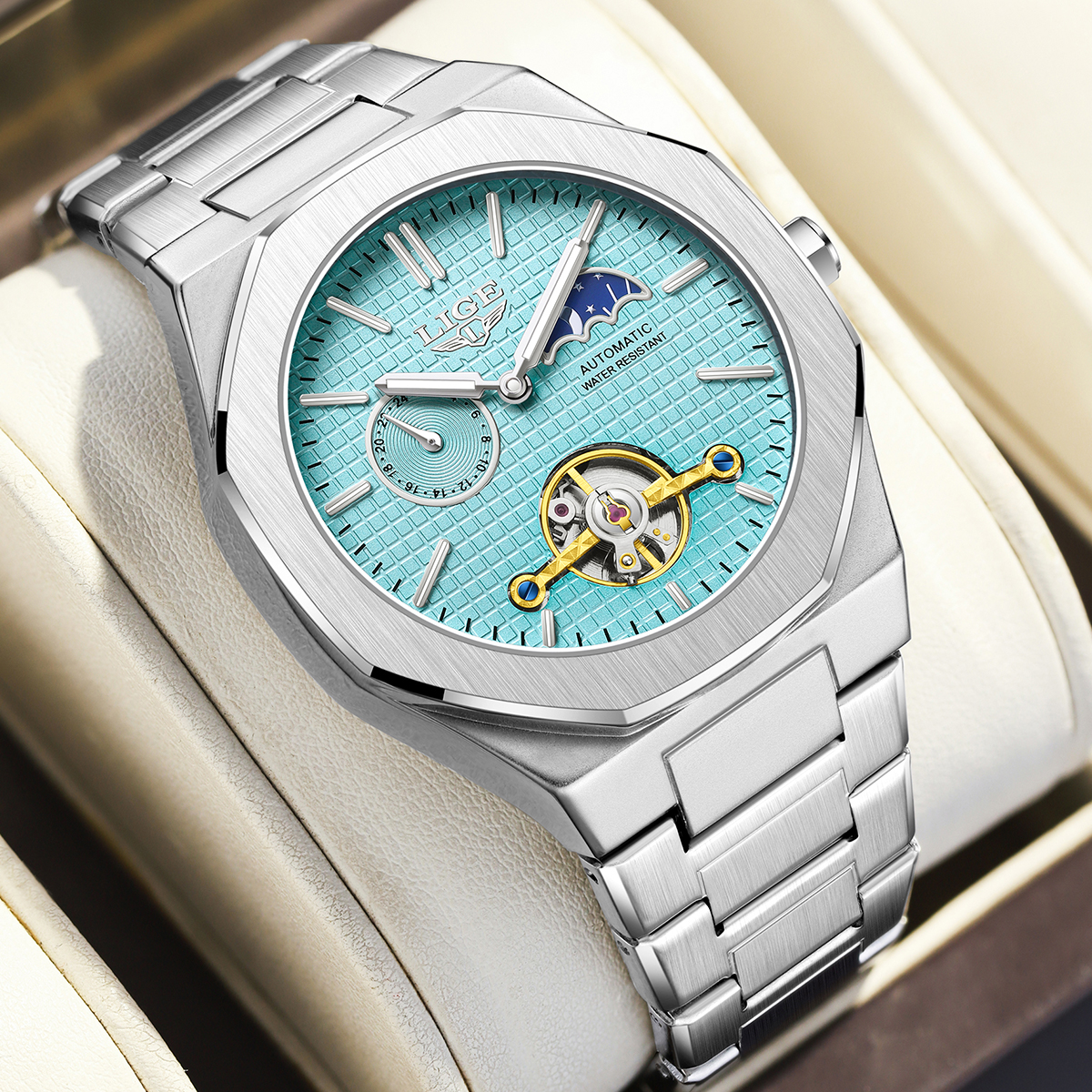 LIGE Men's Mechanical Watch Automatic Tourbillon Stainless Steel Strap 30m Waterproof Watch Moon Phase Fashion Business Watch Holiday Gifts