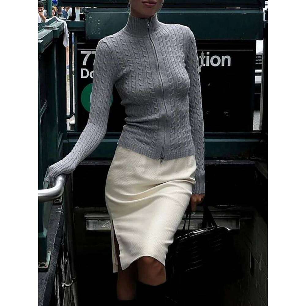 Fantoye Knitted Turtleneck Zipper Cardigans Women Yellow Long Sleeve Warm Sweater Female Autumn Solid Casual Streetwear MDNG