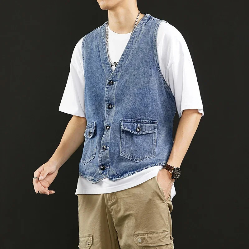 TFETTERS Summer Denim Vest Men Japanese Casual Loose Washed Old Sleeveless Coat Fashion Solid Color Collarless Jacket 250707