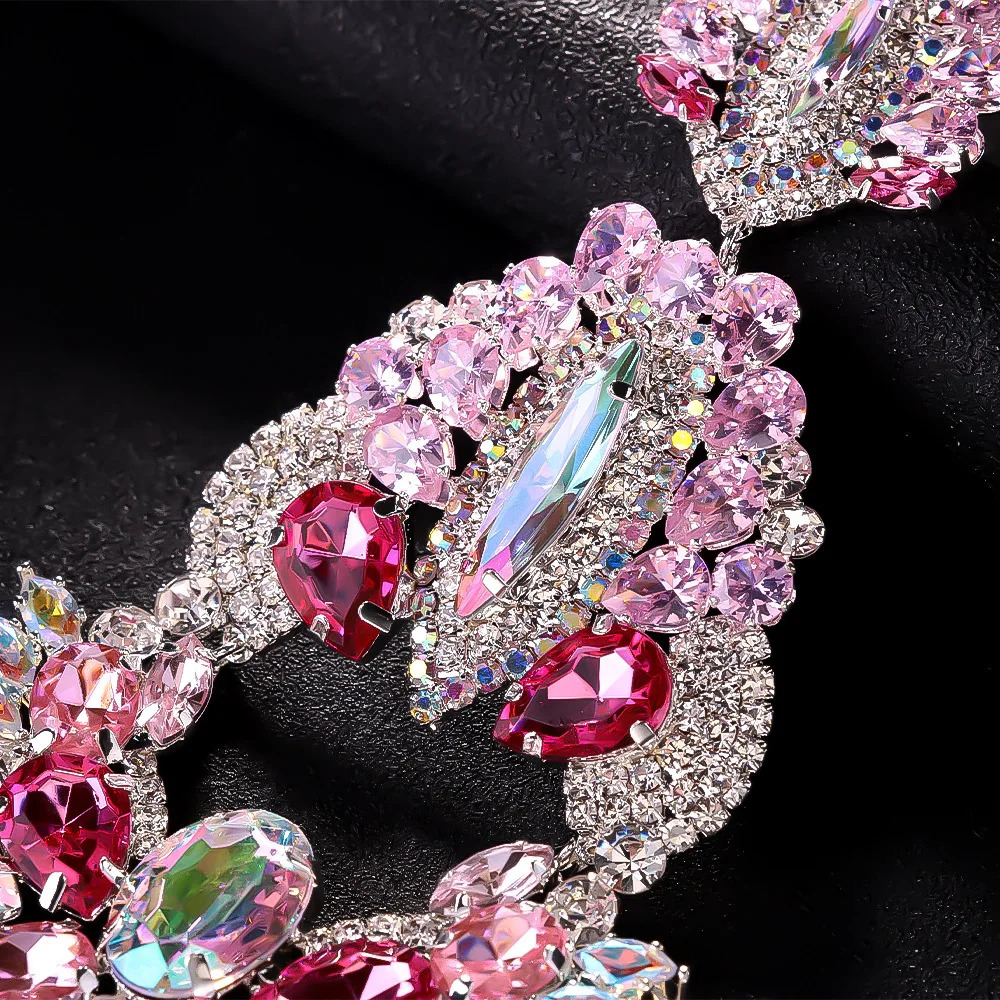 Pink Feather Exaggerate Earrings Tassel Pendant Wedding for Women Boho Jewelry Sparkly Large Rhinestone Earrings 250716