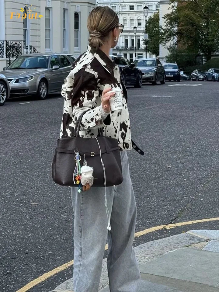 Casual Women Lapel Jacket Female Cow Print Long Sleeve Single Breasted Short Length Outerwear 2025 Autumn Commute Street Coat 250715